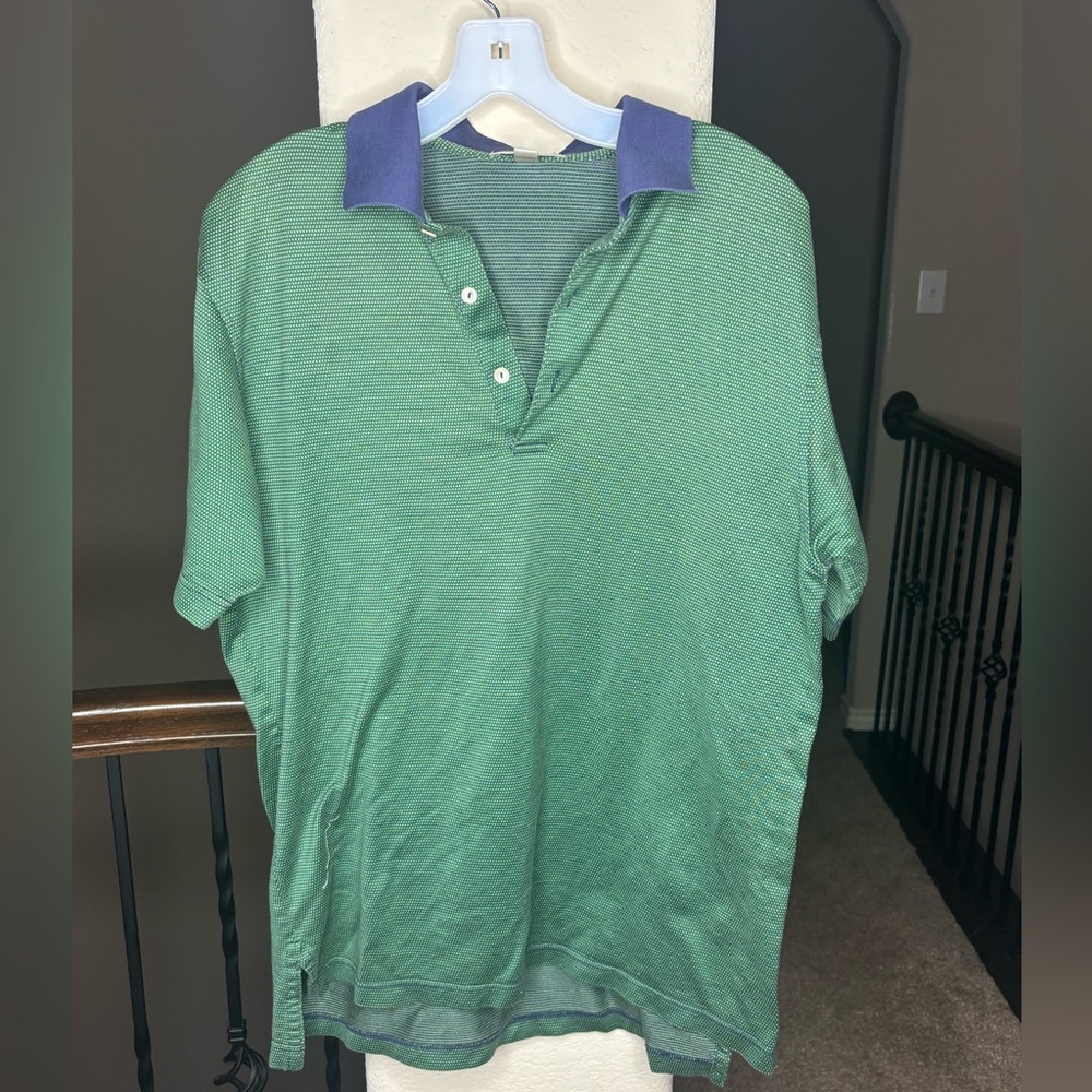 Peter Millar Green with Contrast Blue Collar Polo 100% Cotton Size M Preppy Golf